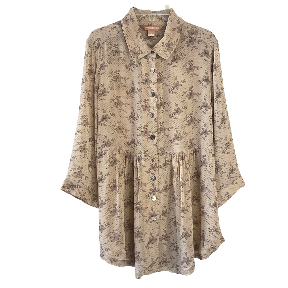 APRIL CORNELL Women's Size XS Tan Cottage Floral Prairie Button-Up Tunic Top